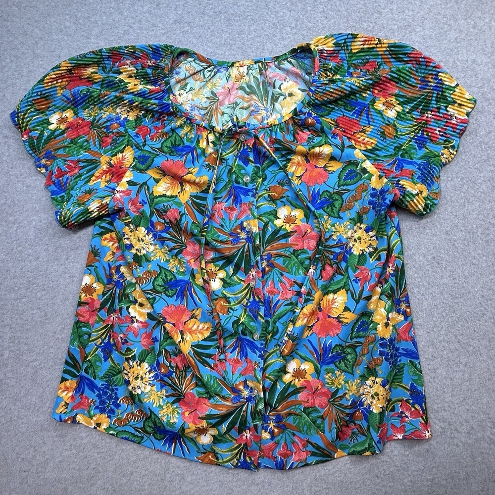 Rhoda Lee Blouse Sz 18 Womens Blue Floral Tropical Pleated Sleeve Vintage Button